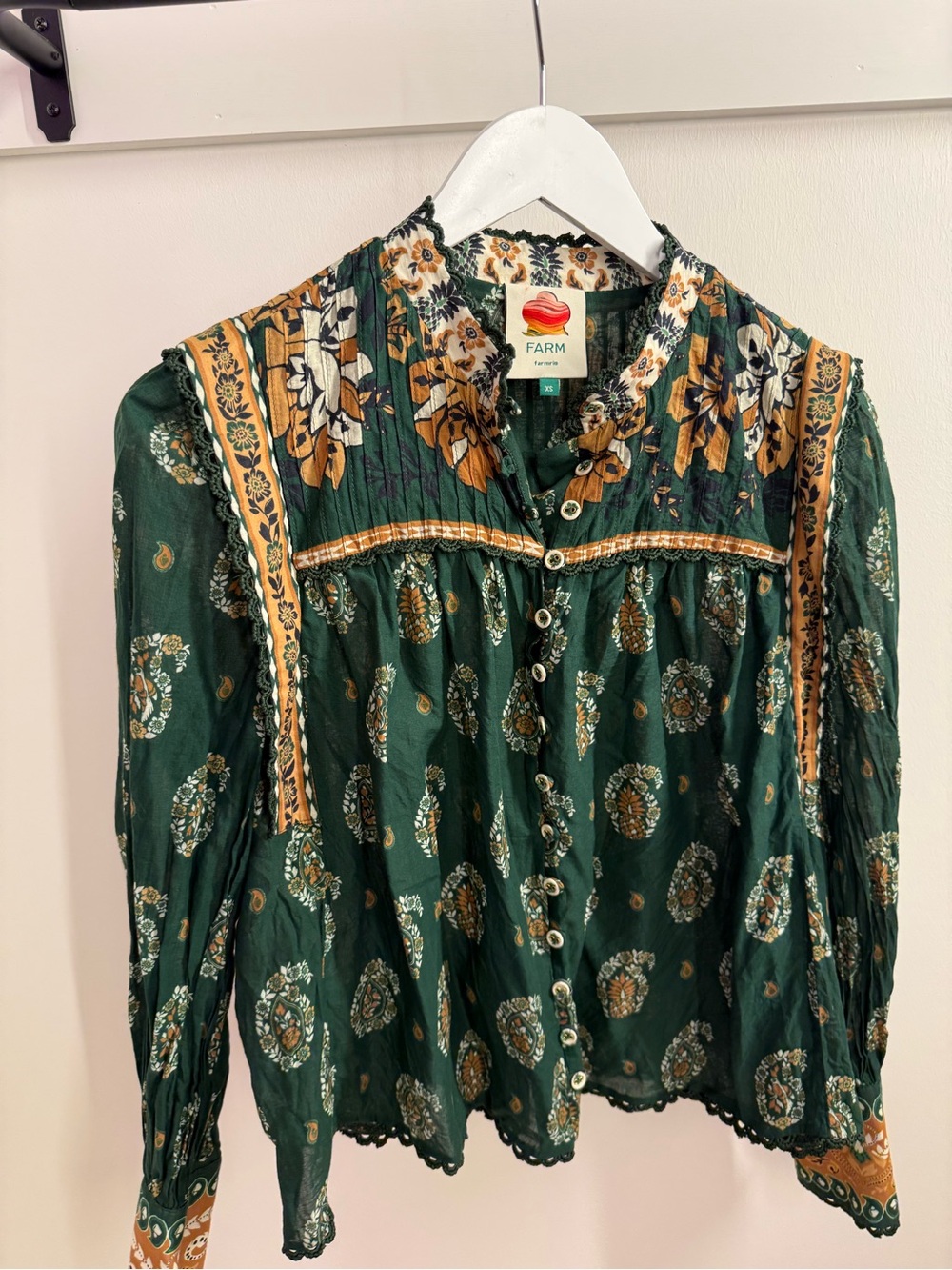 FARM Rio Forest Green Floral Button-Down Blouse with Mustard Trim - Picture 1 of 5